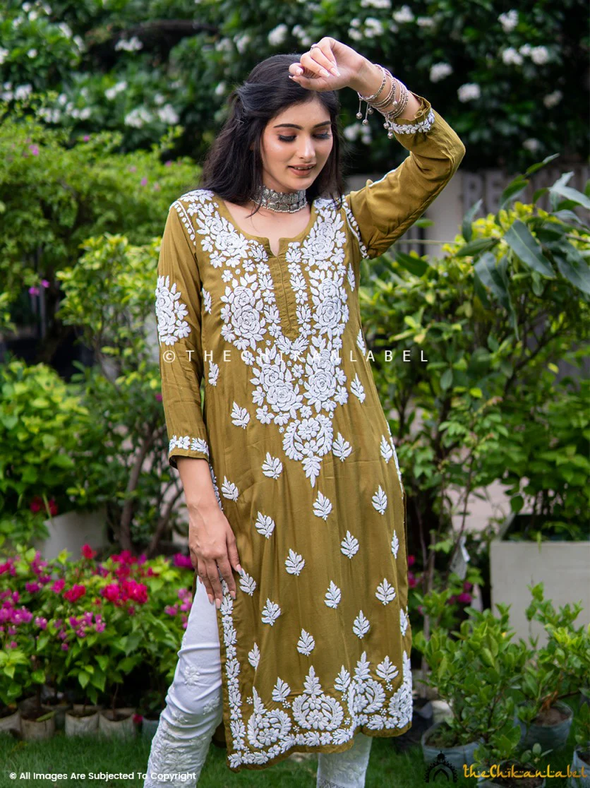 Mehndi Safa Muslin Chikankari Straight Kurti - Image 4