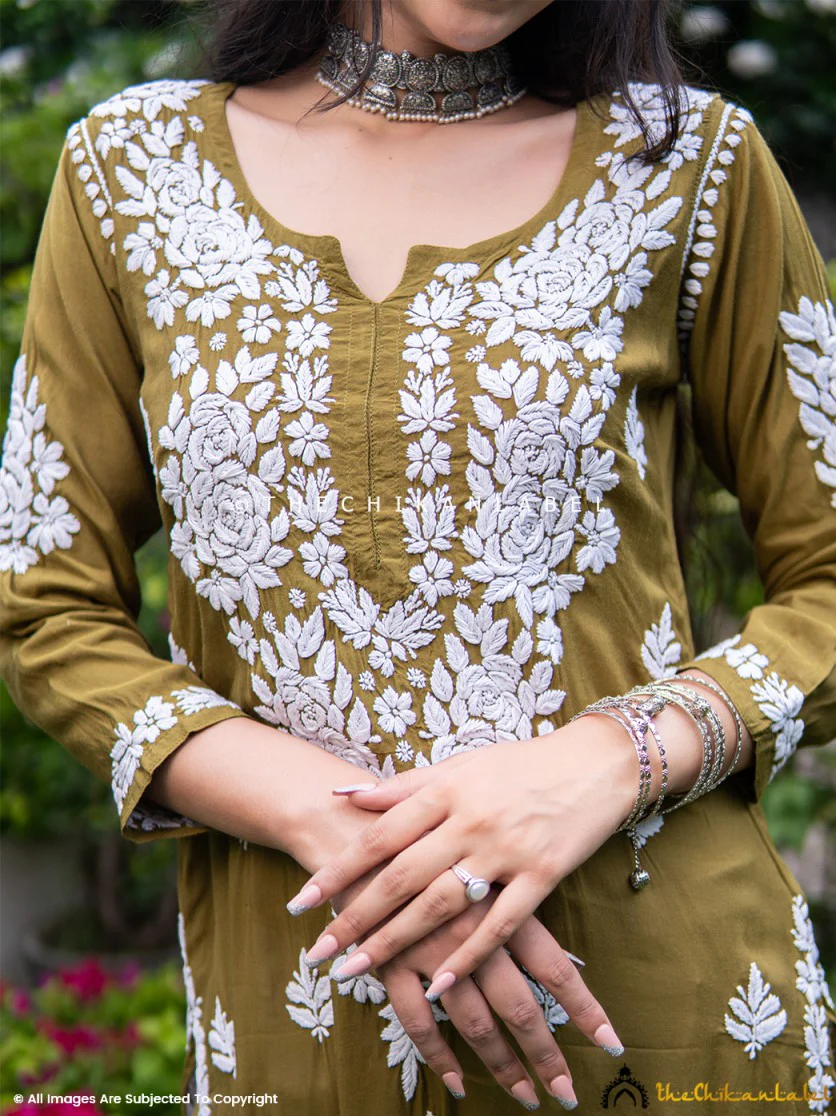 Mehndi Safa Muslin Chikankari Straight Kurti - Image 5
