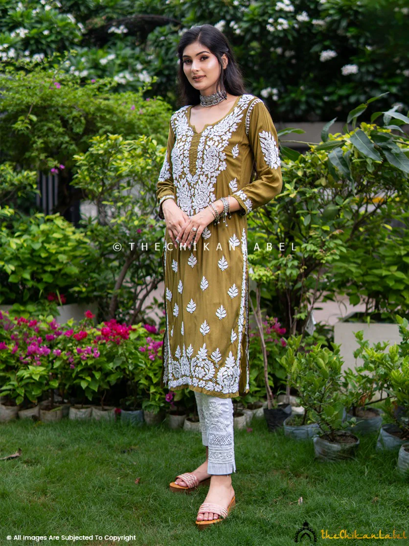 Mehndi Safa Muslin Chikankari Straight Kurti - Image 6