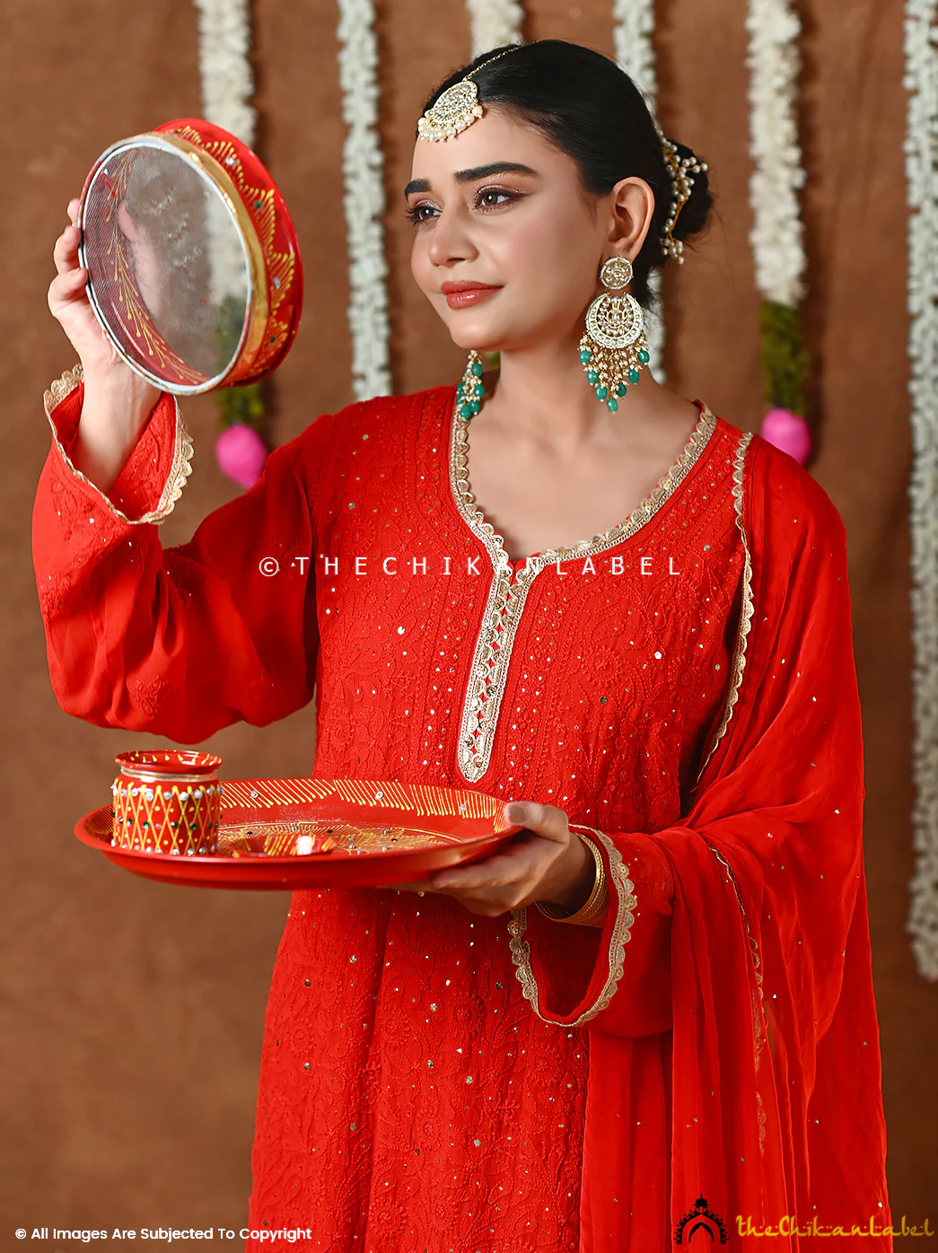 Mehr-e-Chaand Viscose Chikankari Kurta Set - Red - Image 4