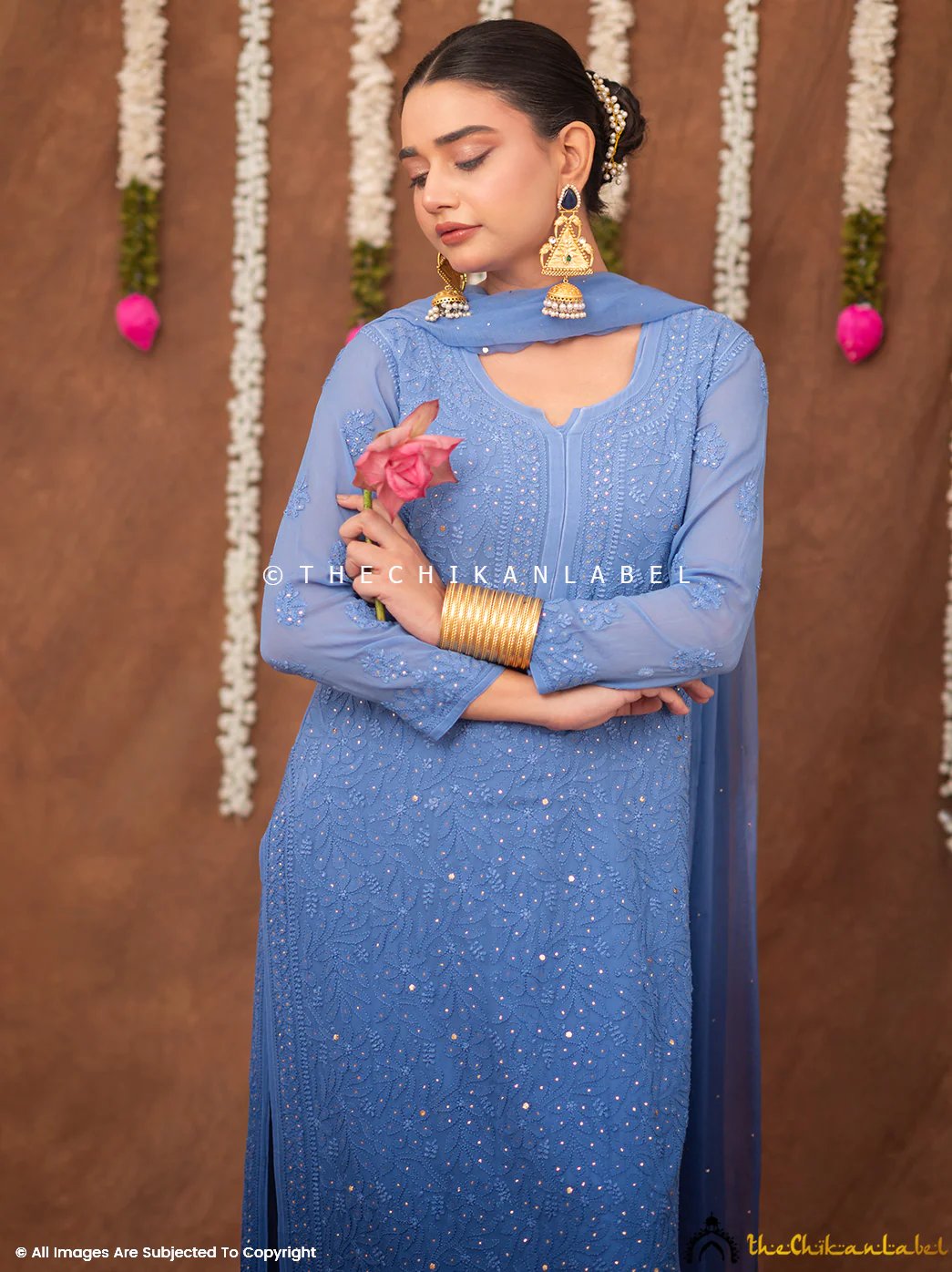 Miraya Chikankari Viscose Kurta Set with Dupatta - Blue - Image 4