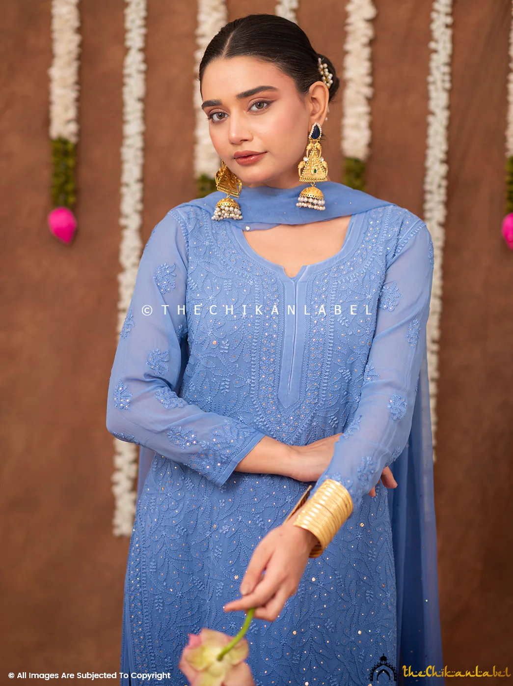 Miraya Chikankari Viscose Kurta Set with Dupatta - Blue - Image 5