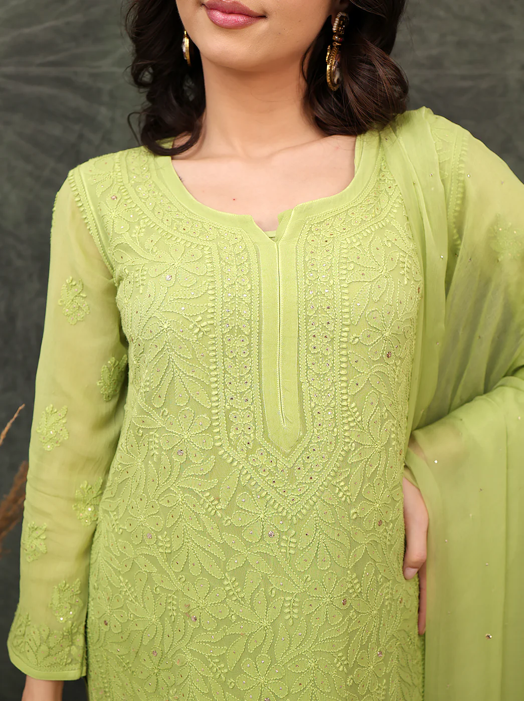 Miraya Chikankari Viscose Kurta Set with Dupatta - Green - Image 2