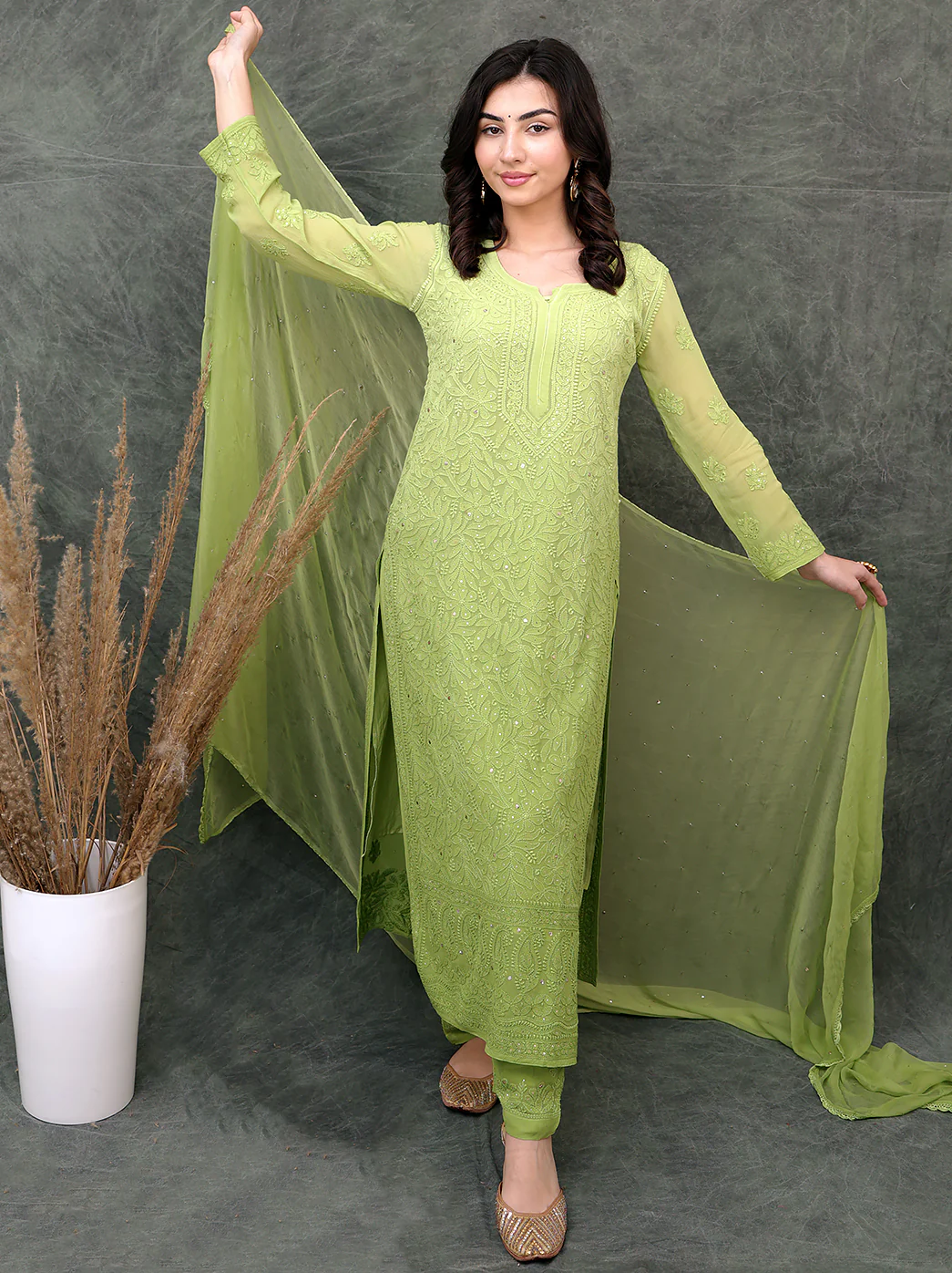 Miraya Chikankari Viscose Kurta Set with Dupatta - Green - Image 3