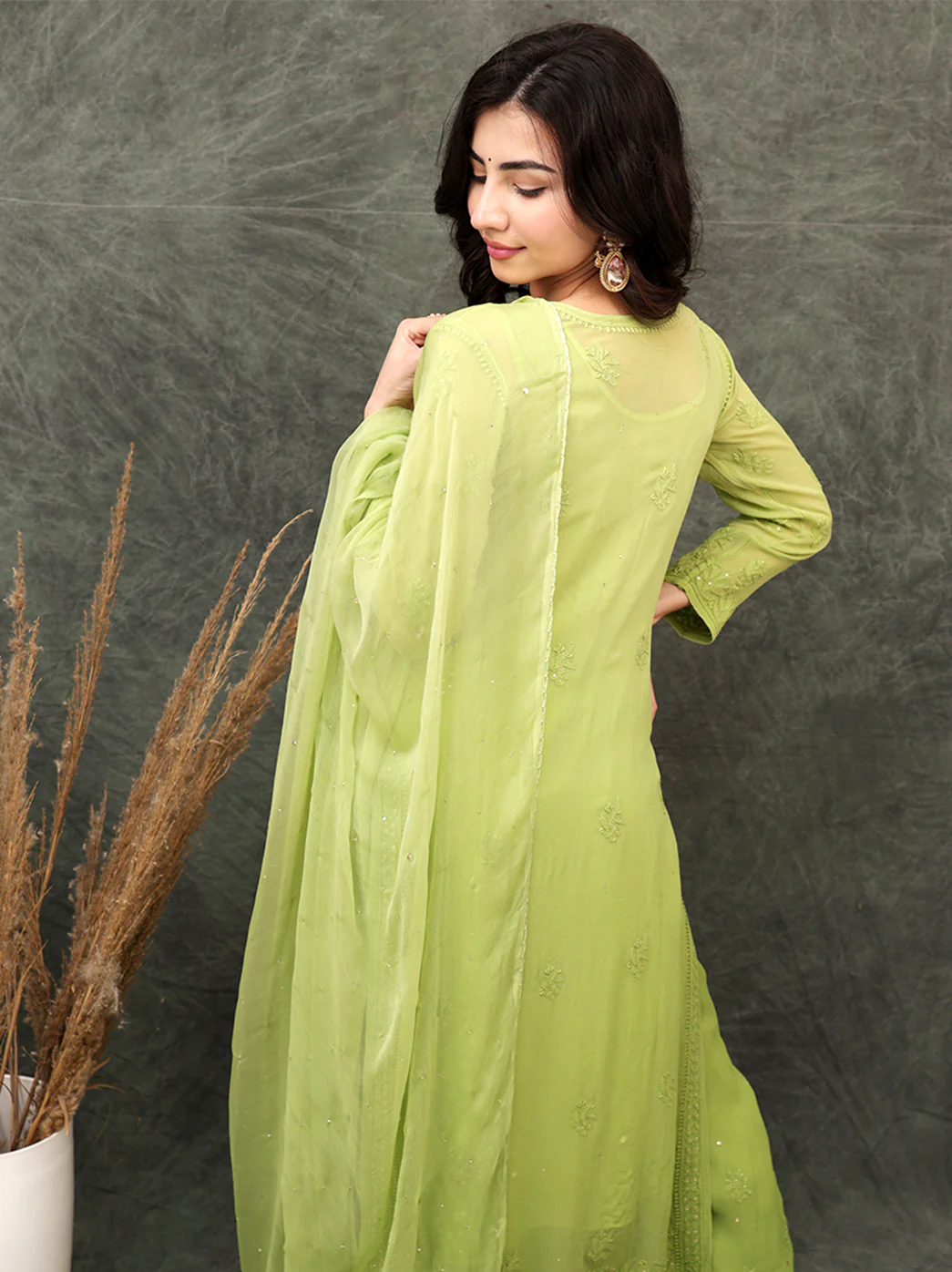 Miraya Chikankari Viscose Kurta Set with Dupatta - Green - Image 4