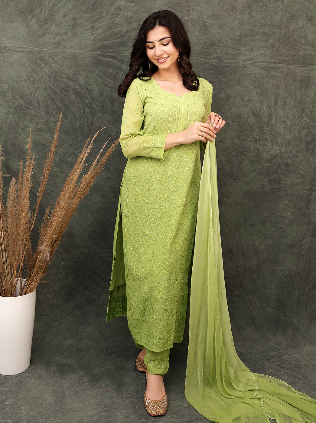 Miraya Chikankari Viscose Kurta Set with Dupatta - Green - Image 5