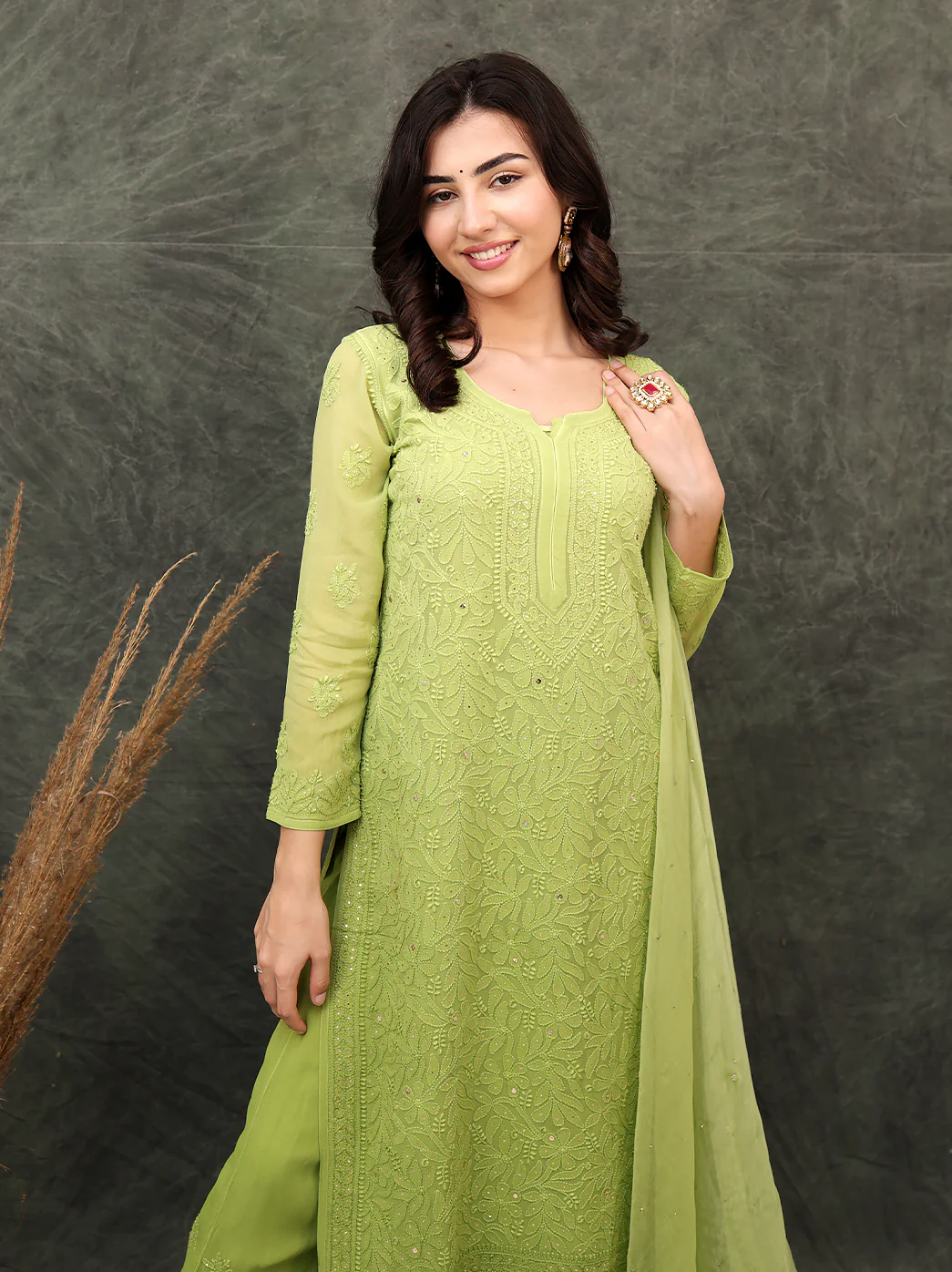 Miraya Chikankari Viscose Kurta Set with Dupatta - Green - Image 6