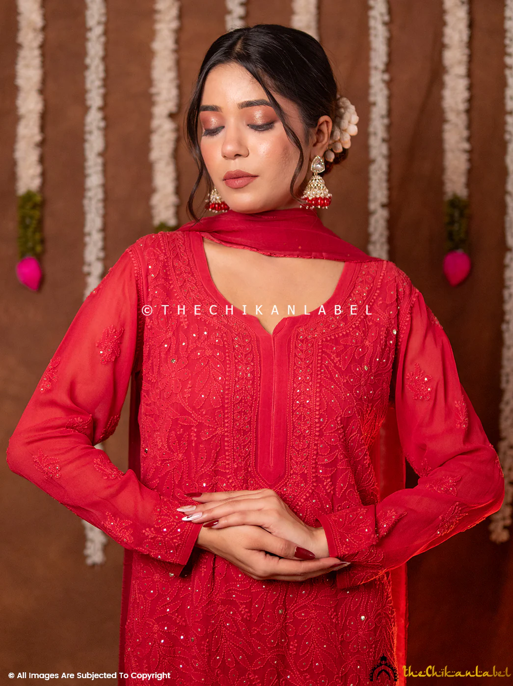 Miraya Chikankari Viscose Kurta Set with Dupatta - Maroon - Image 4