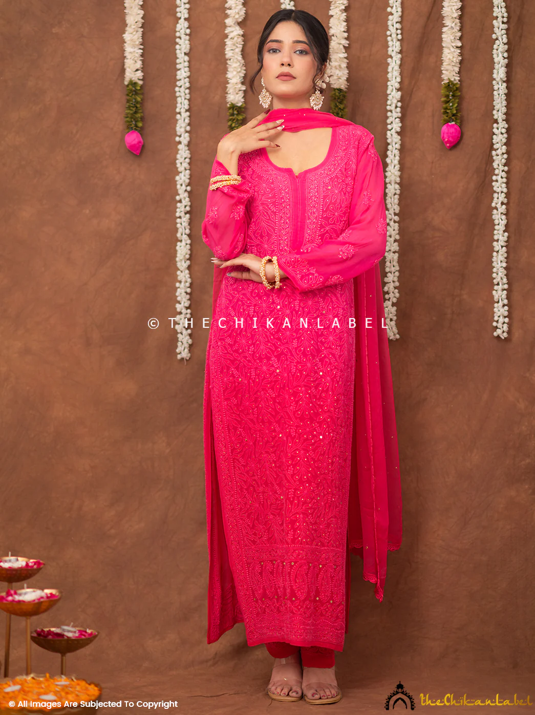 Miraya Chikankari Viscose Kurta Set with Dupatta - Pink - Image 4