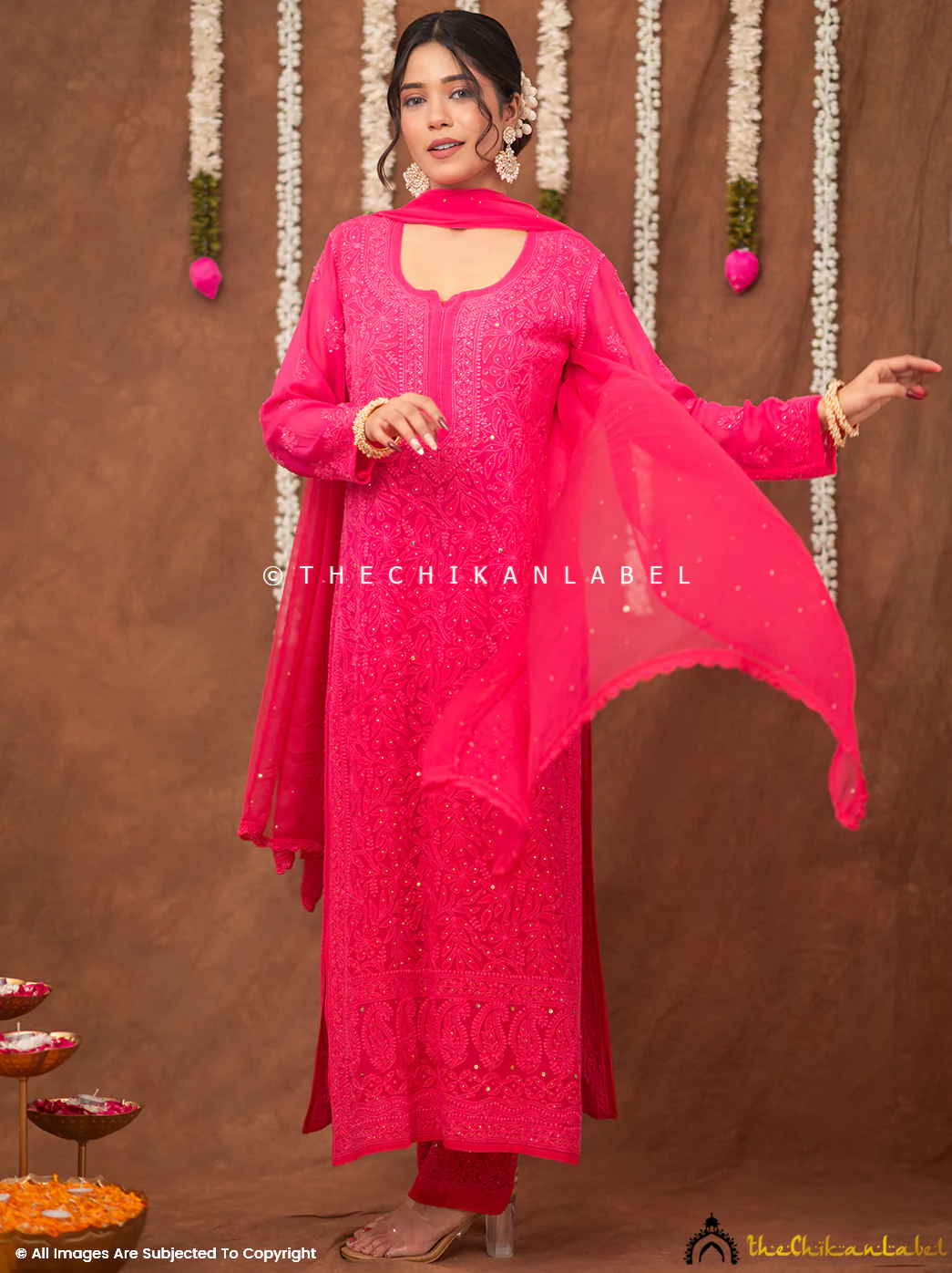 Miraya Chikankari Viscose Kurta Set with Dupatta - Pink - Image 5
