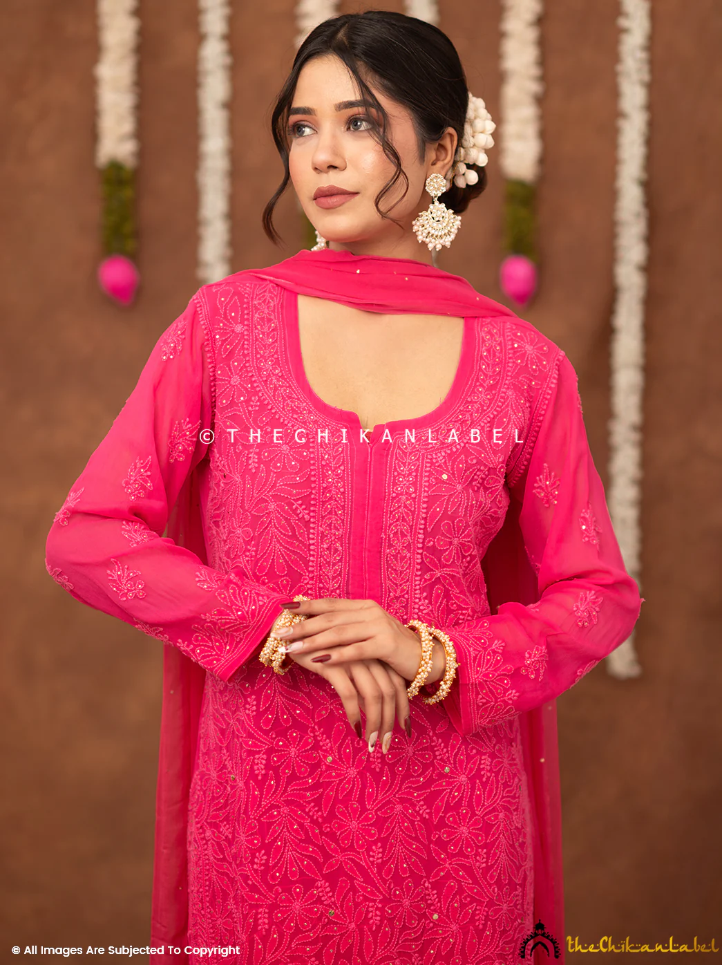 Miraya Chikankari Viscose Kurta Set with Dupatta - Pink - Image 6