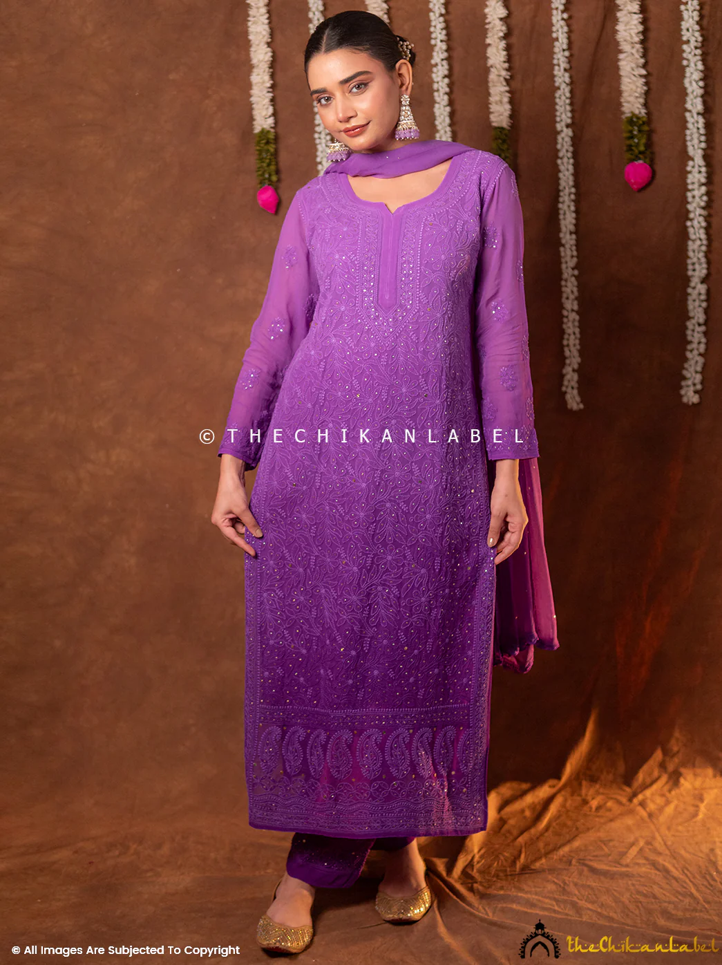 Miraya Chikankari Viscose Kurta Set with Dupatta - Purple - Image 4