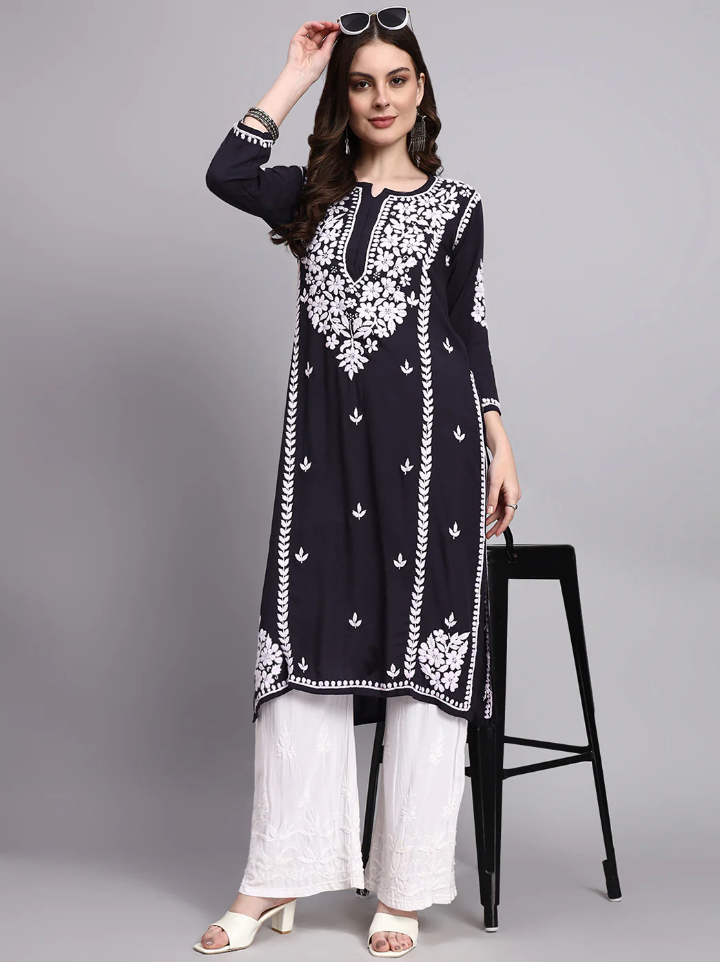 Misha Rayon Chikankari Straight Kurta - Black - Image 6