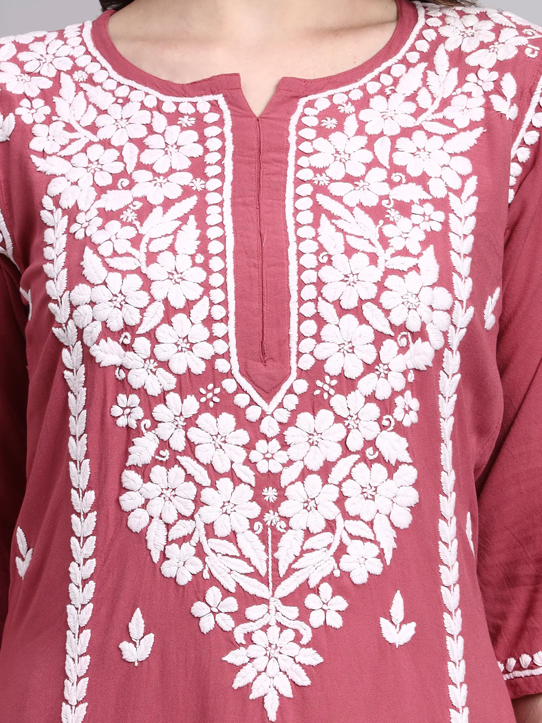 Misha Rayon Chikankari Straight Kurta - Coral - Image 2