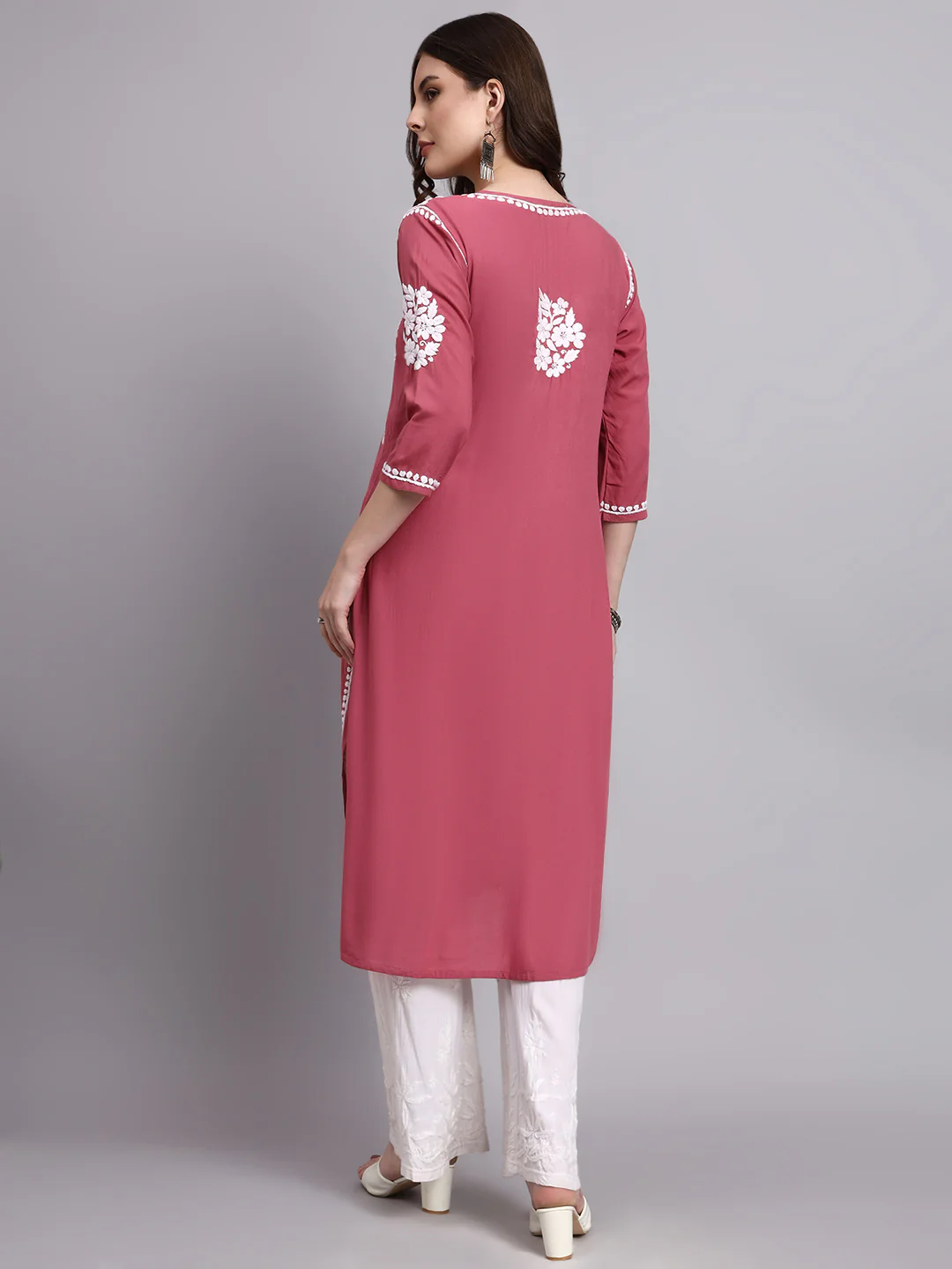 Misha Rayon Chikankari Straight Kurta - Coral - Image 3