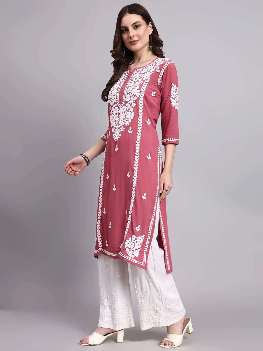 Misha Rayon Chikankari Straight Kurta - Coral - Image 4