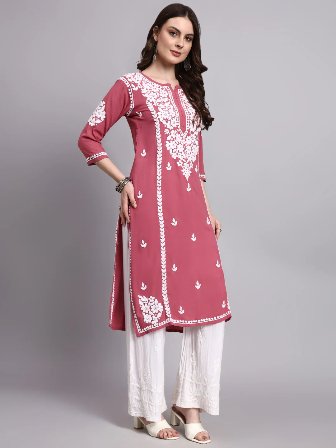 Misha Rayon Chikankari Straight Kurta - Coral - Image 5