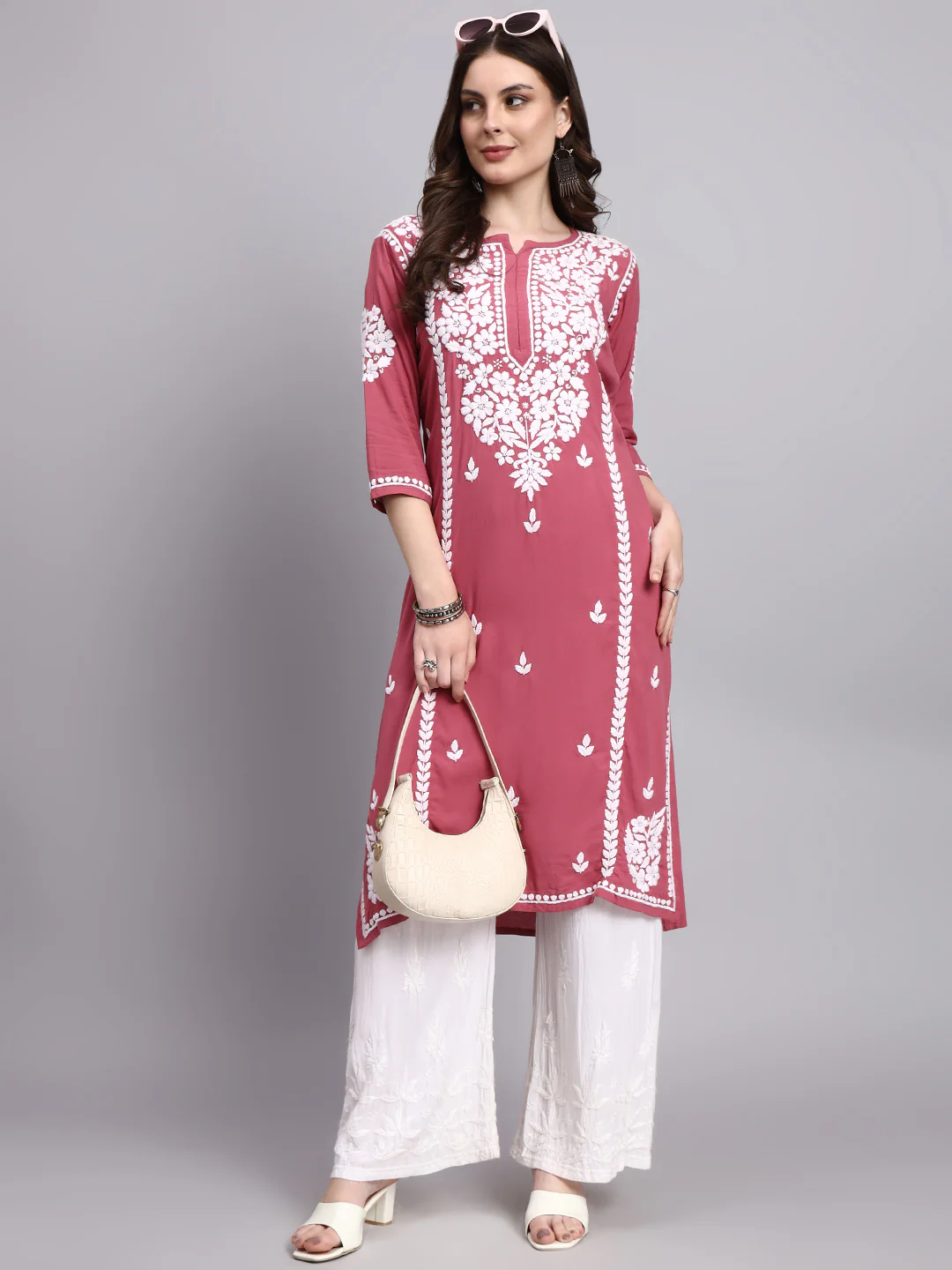 Misha Rayon Chikankari Straight Kurta - Coral - Image 6