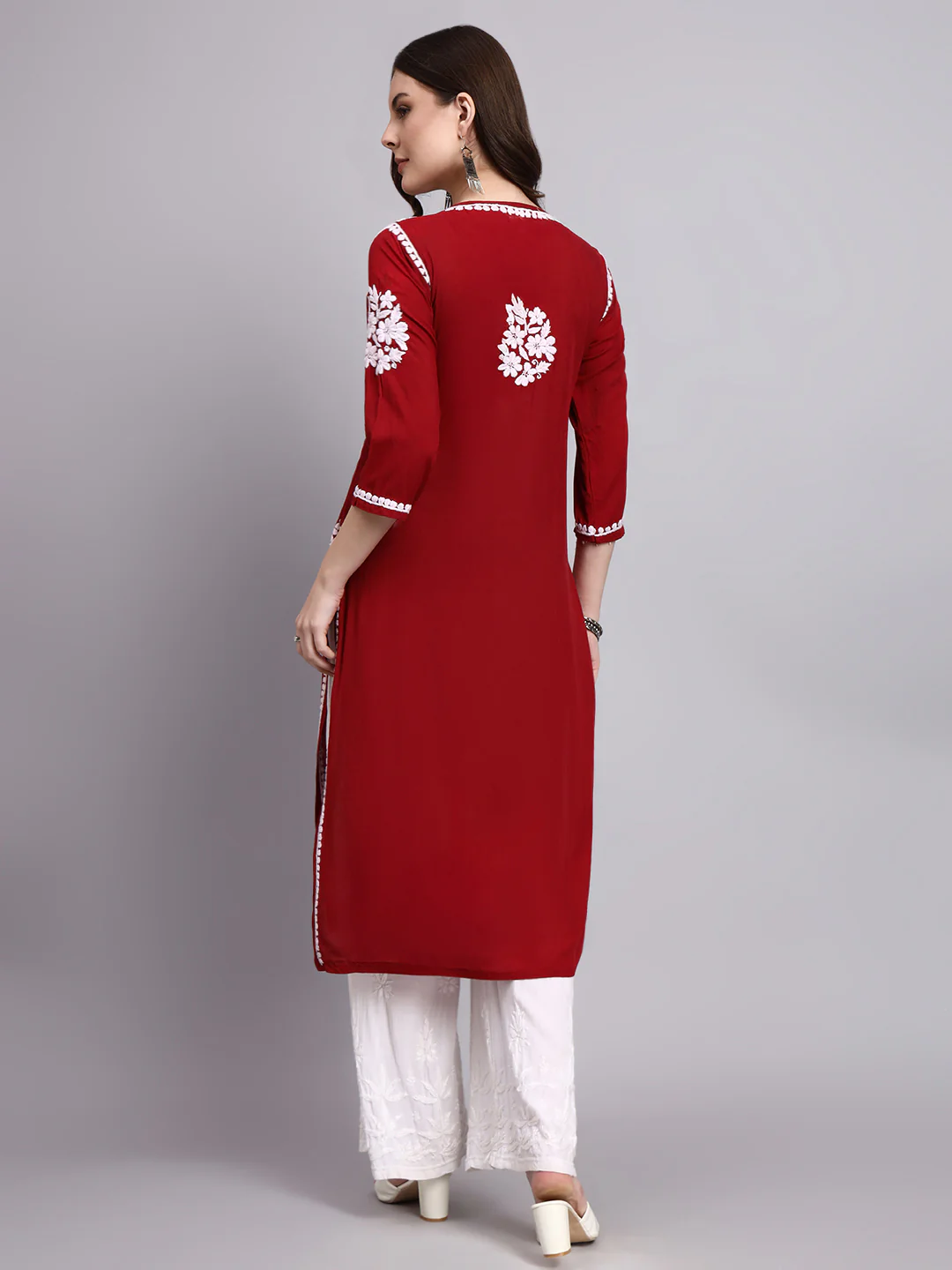 Misha Rayon Chikankari Straight Kurta - Maroon - Image 3