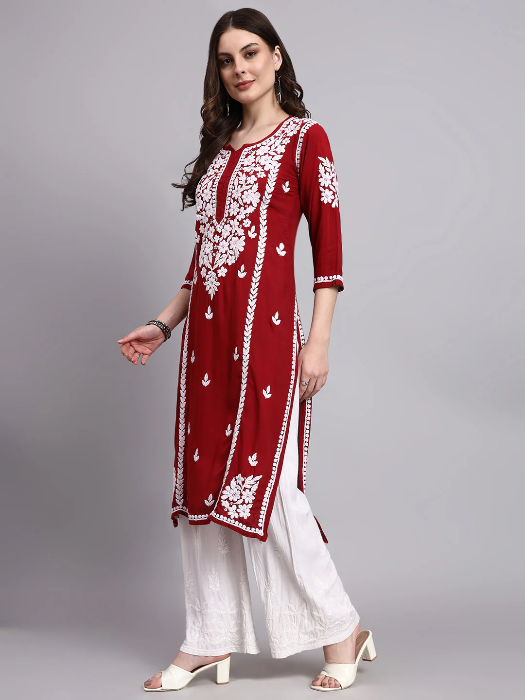 Misha Rayon Chikankari Straight Kurta - Maroon - Image 4