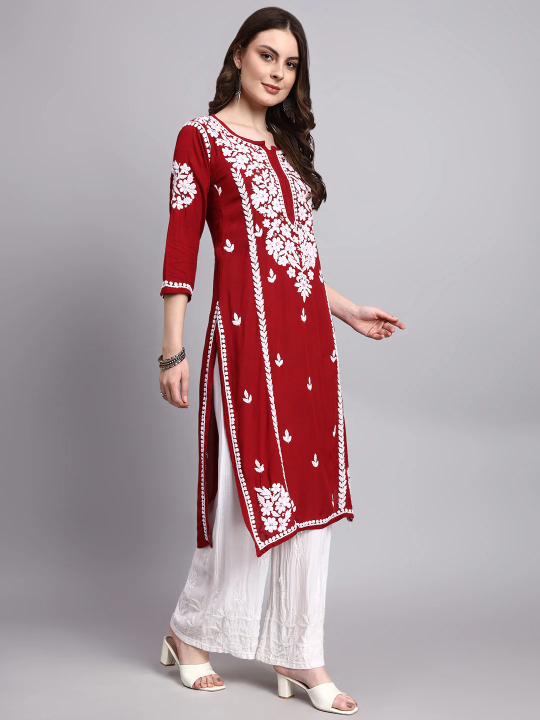 Misha Rayon Chikankari Straight Kurta - Maroon - Image 5