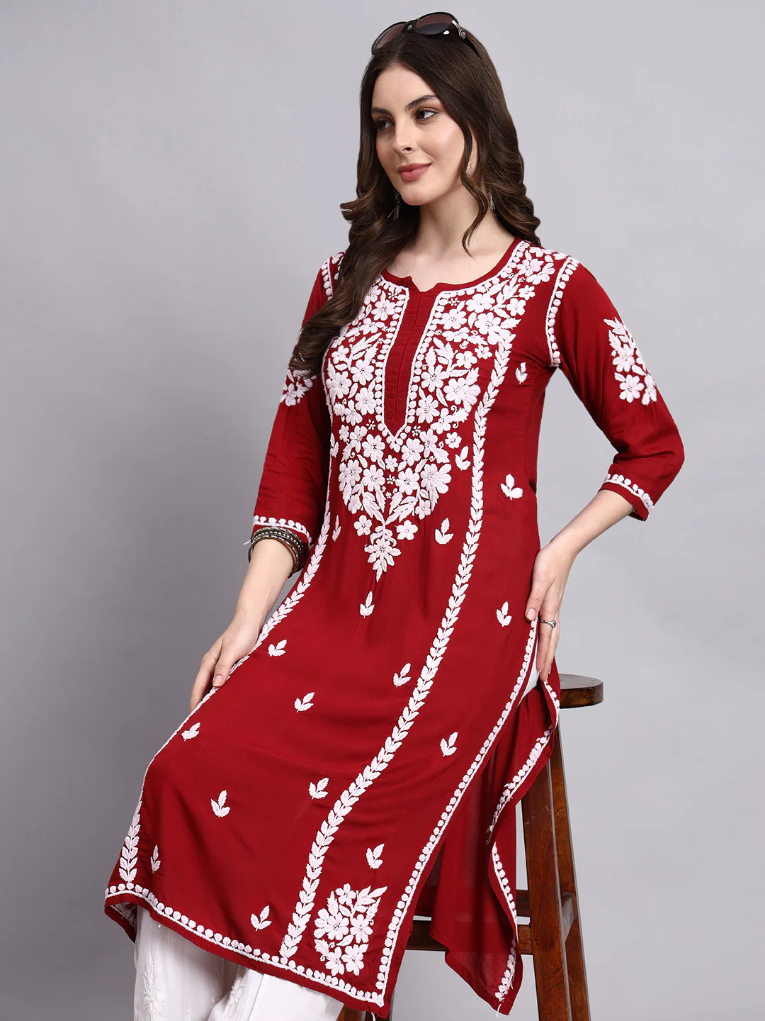 Misha Rayon Chikankari Straight Kurta - Maroon - Image 6