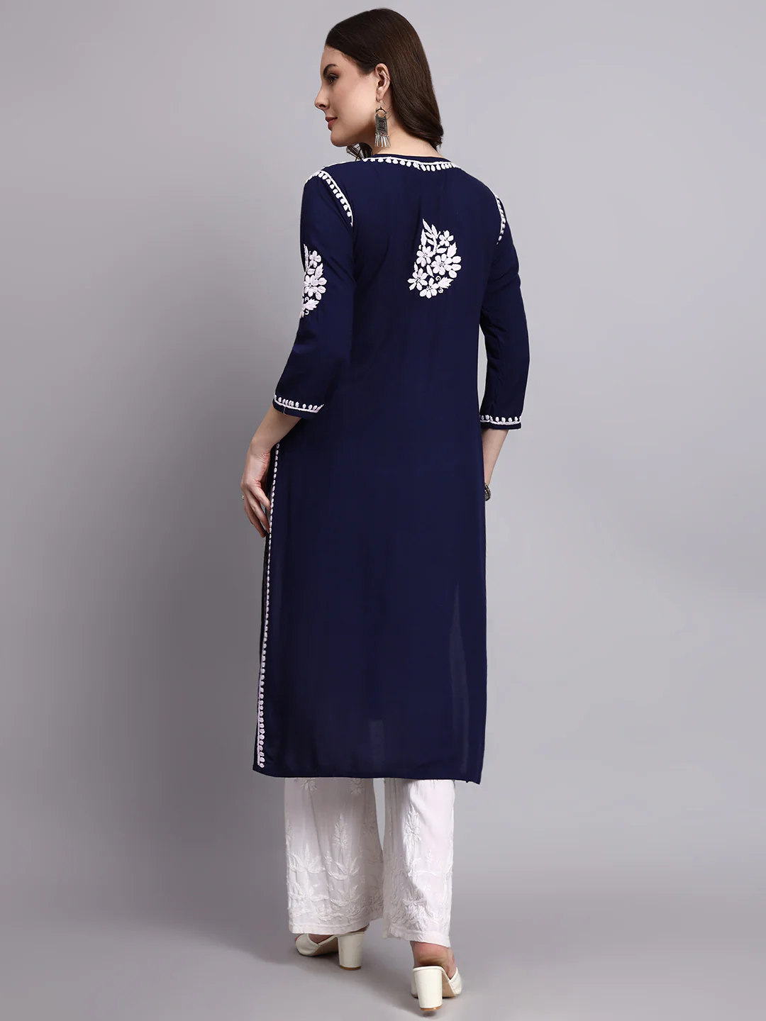 Misha Rayon Chikankari Straight Kurta - Navy Blue - Image 3