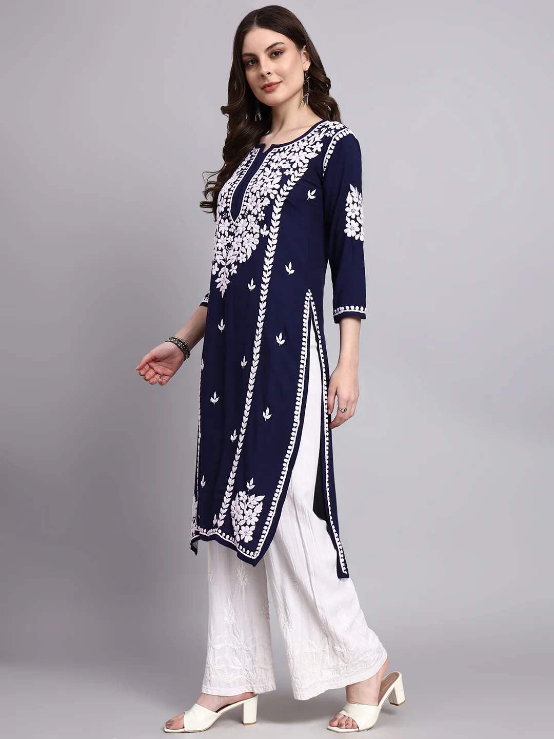 Misha Rayon Chikankari Straight Kurta - Navy Blue - Image 4