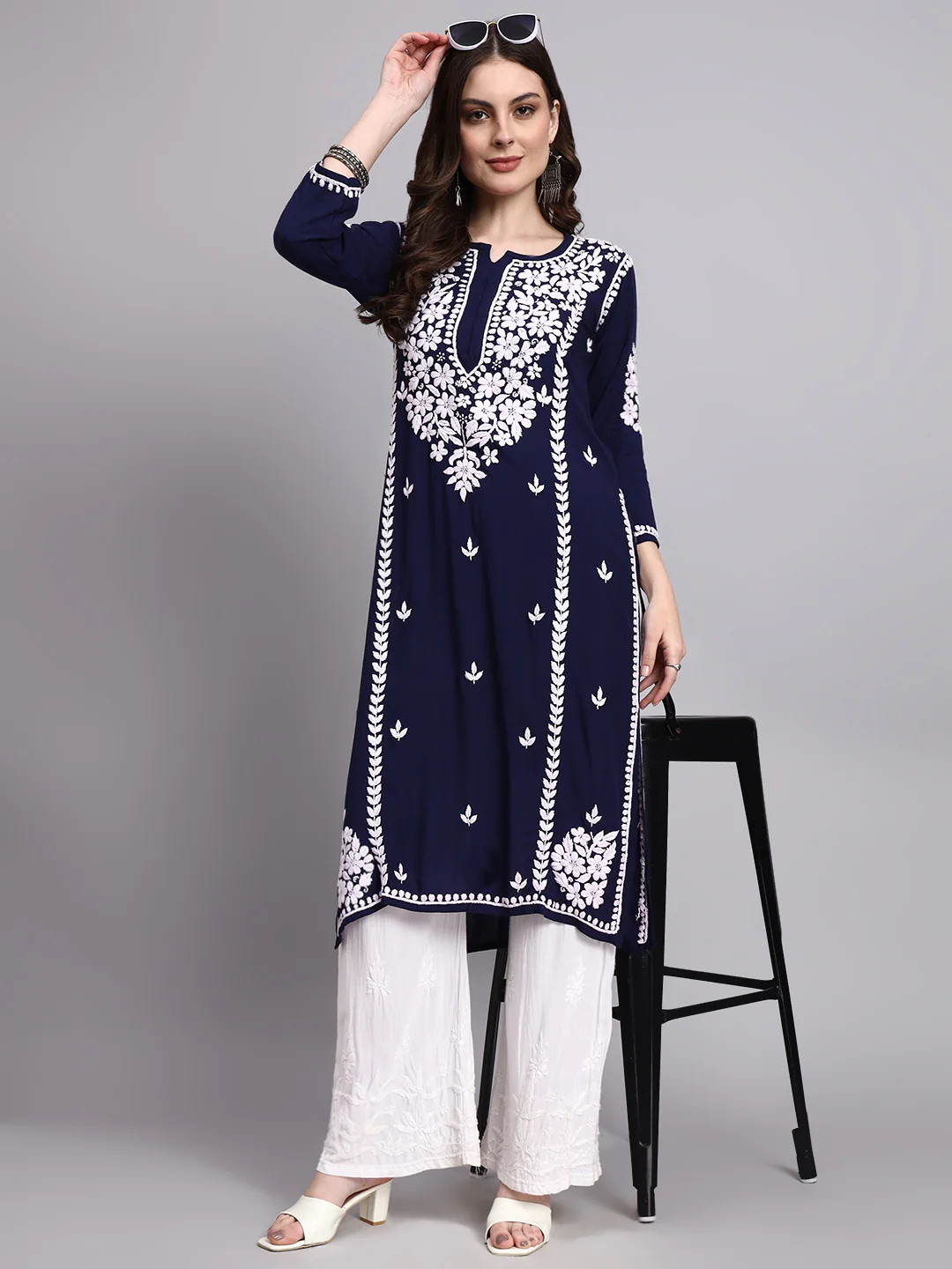 Misha Rayon Chikankari Straight Kurta - Navy Blue - Image 6