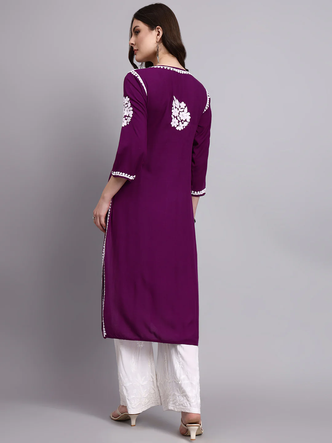 Misha Rayon Chikankari Straight Kurta - Purple - Image 3