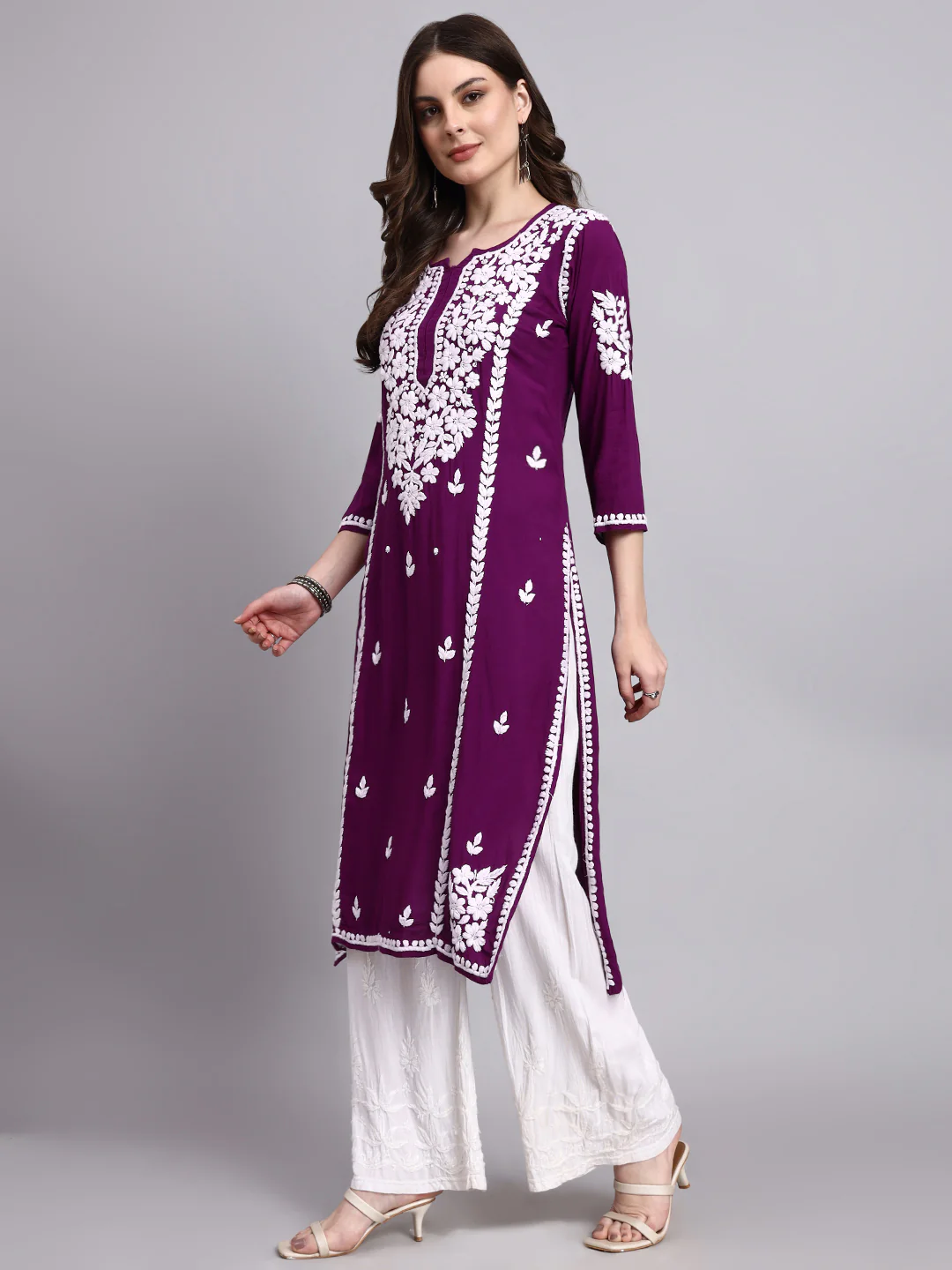 Misha Rayon Chikankari Straight Kurta - Purple - Image 4