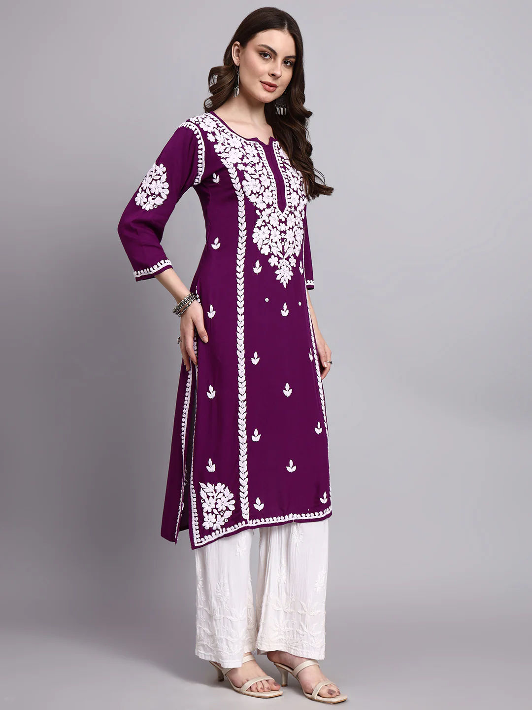 Misha Rayon Chikankari Straight Kurta - Purple - Image 5