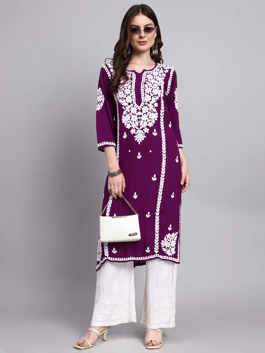 Misha Rayon Chikankari Straight Kurta - Purple - Image 6