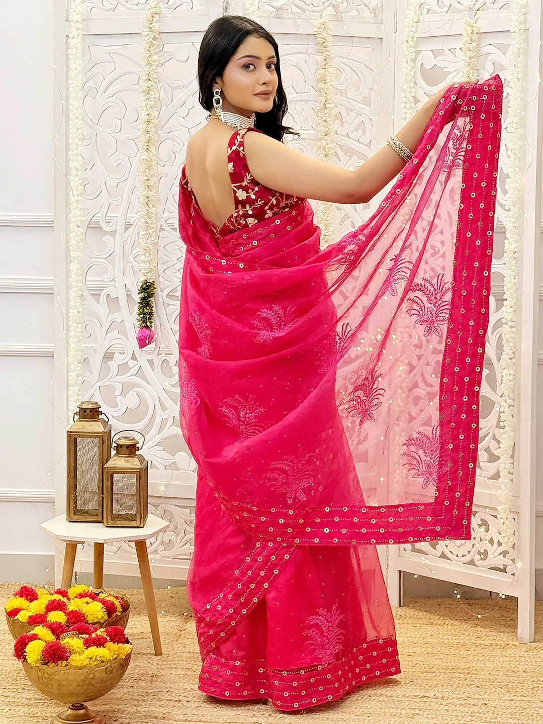 Mishika Semi Organza Chikankari Mukaish Work Saree - Pink - Image 3