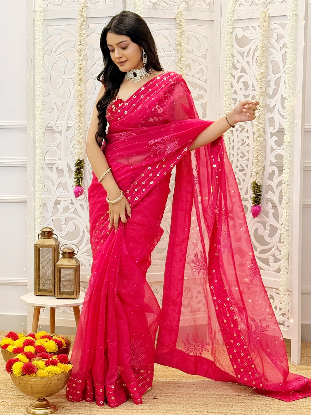 Mishika Semi Organza Chikankari Mukaish Work Saree - Pink - Image 4