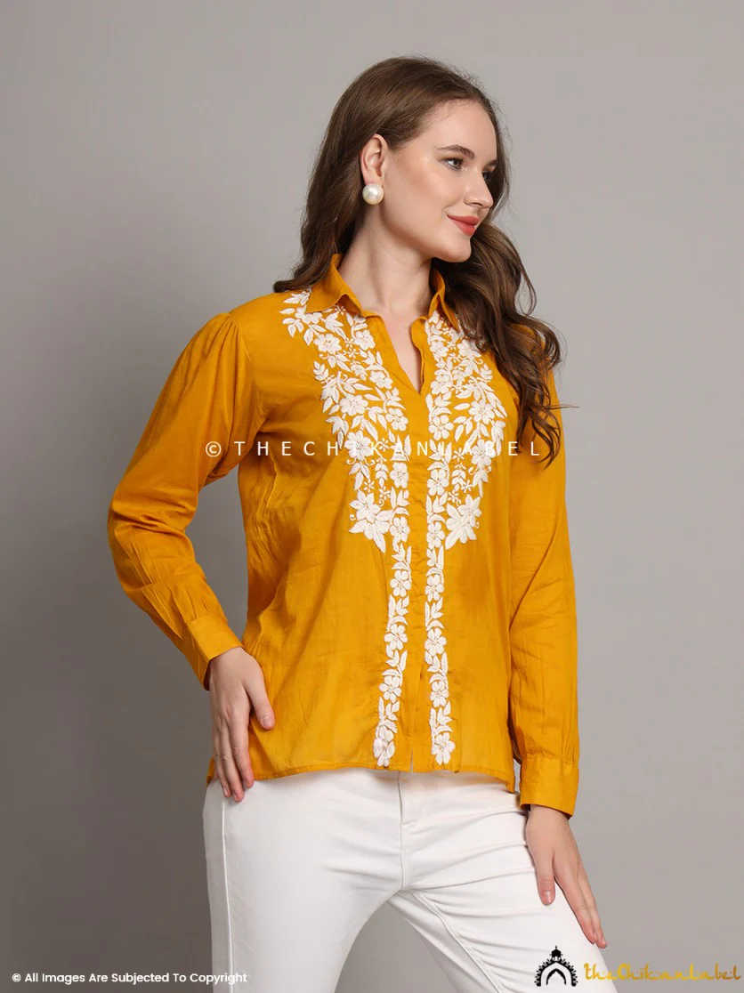 Drisha Mulmul Cotton Chikankari Shirt - Mustard Yellow - Image 10