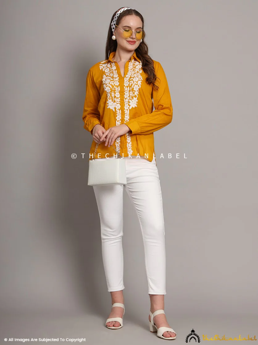 Drisha Mulmul Cotton Chikankari Shirt - Mustard Yellow - Image 11
