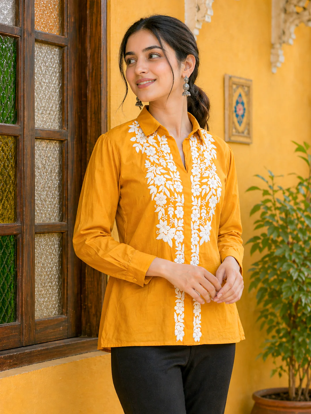 Drisha Mulmul Cotton Chikankari Shirt - Mustard Yellow - Image 4