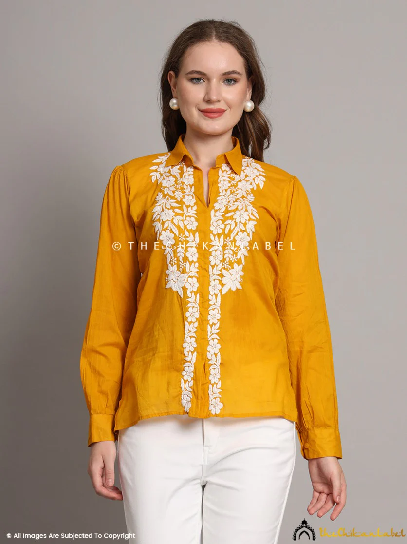 Drisha Mulmul Cotton Chikankari Shirt - Mustard Yellow - Image 6