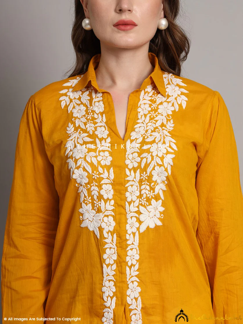 Drisha Mulmul Cotton Chikankari Shirt - Mustard Yellow - Image 7