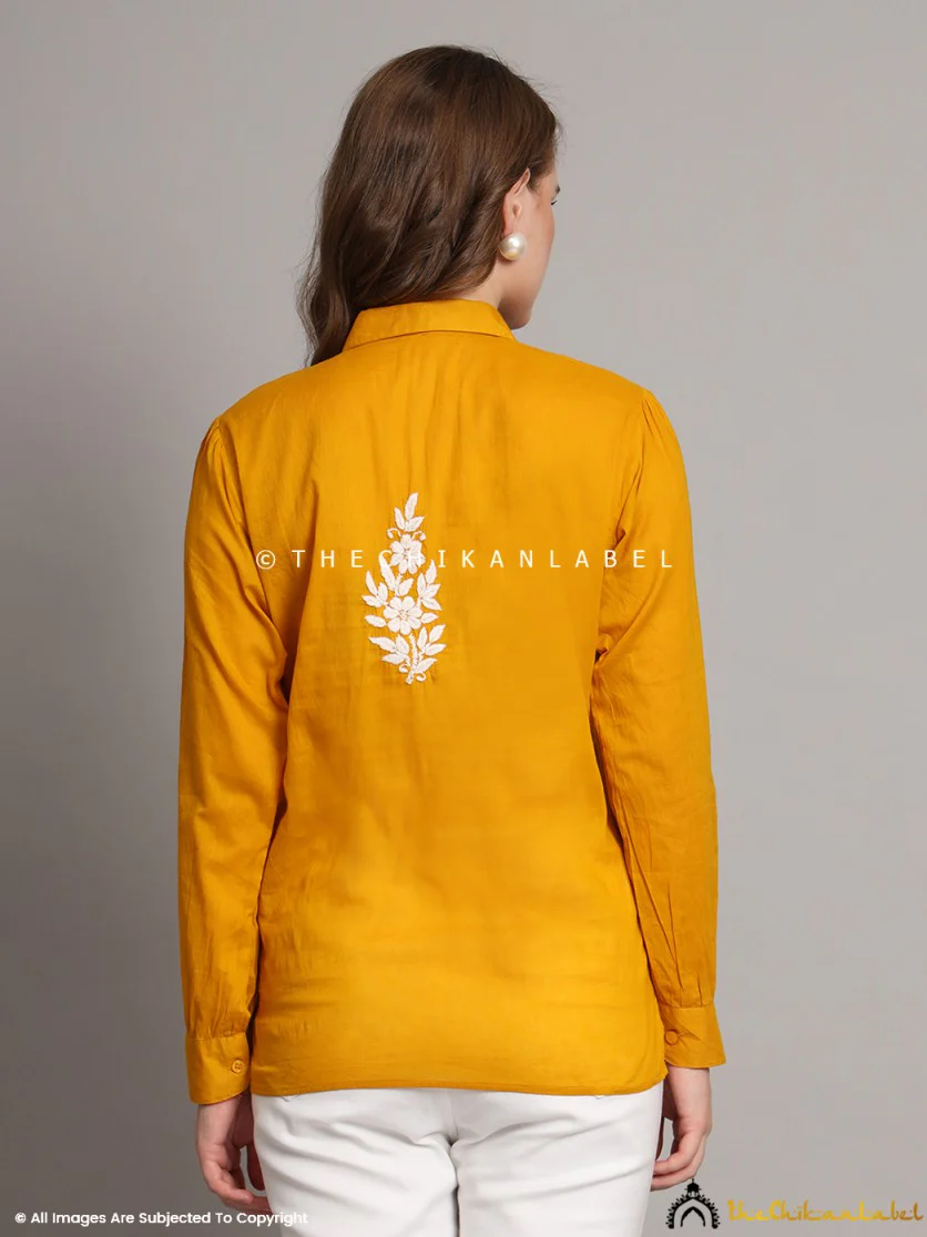 Drisha Mulmul Cotton Chikankari Shirt - Mustard Yellow - Image 8