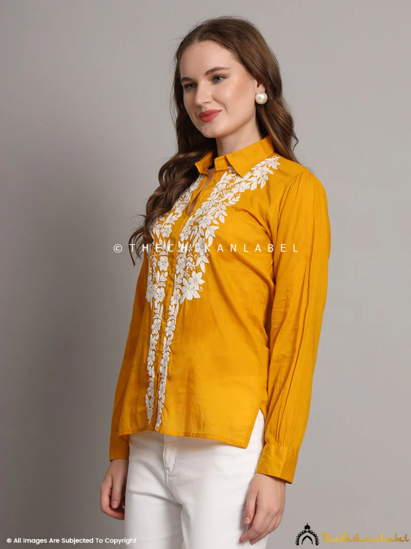 Drisha Mulmul Cotton Chikankari Shirt - Mustard Yellow - Image 9