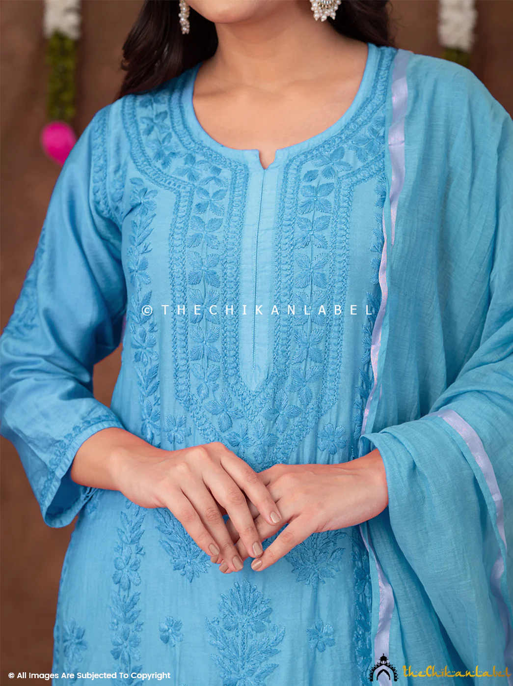 Navika Chanderi Chikankari Kurta Set with Dupatta - Blue - Image 2