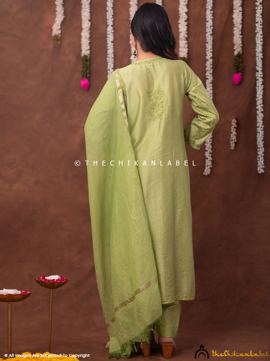 Navika Chanderi Chikankari Kurta Set with Dupatta - Green - Image 3