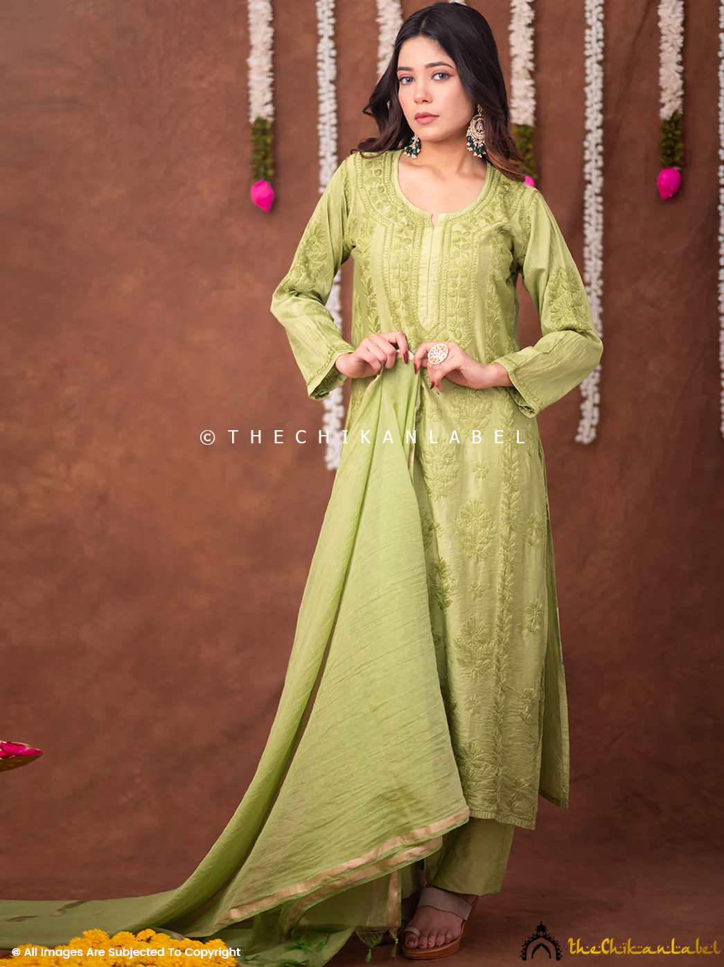 Navika Chanderi Chikankari Kurta Set with Dupatta - Green - Image 4