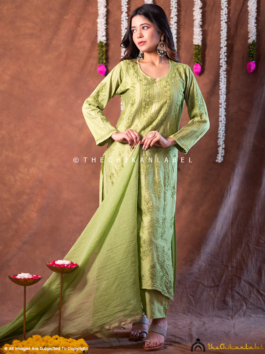 Navika Chanderi Chikankari Kurta Set with Dupatta - Green - Image 5