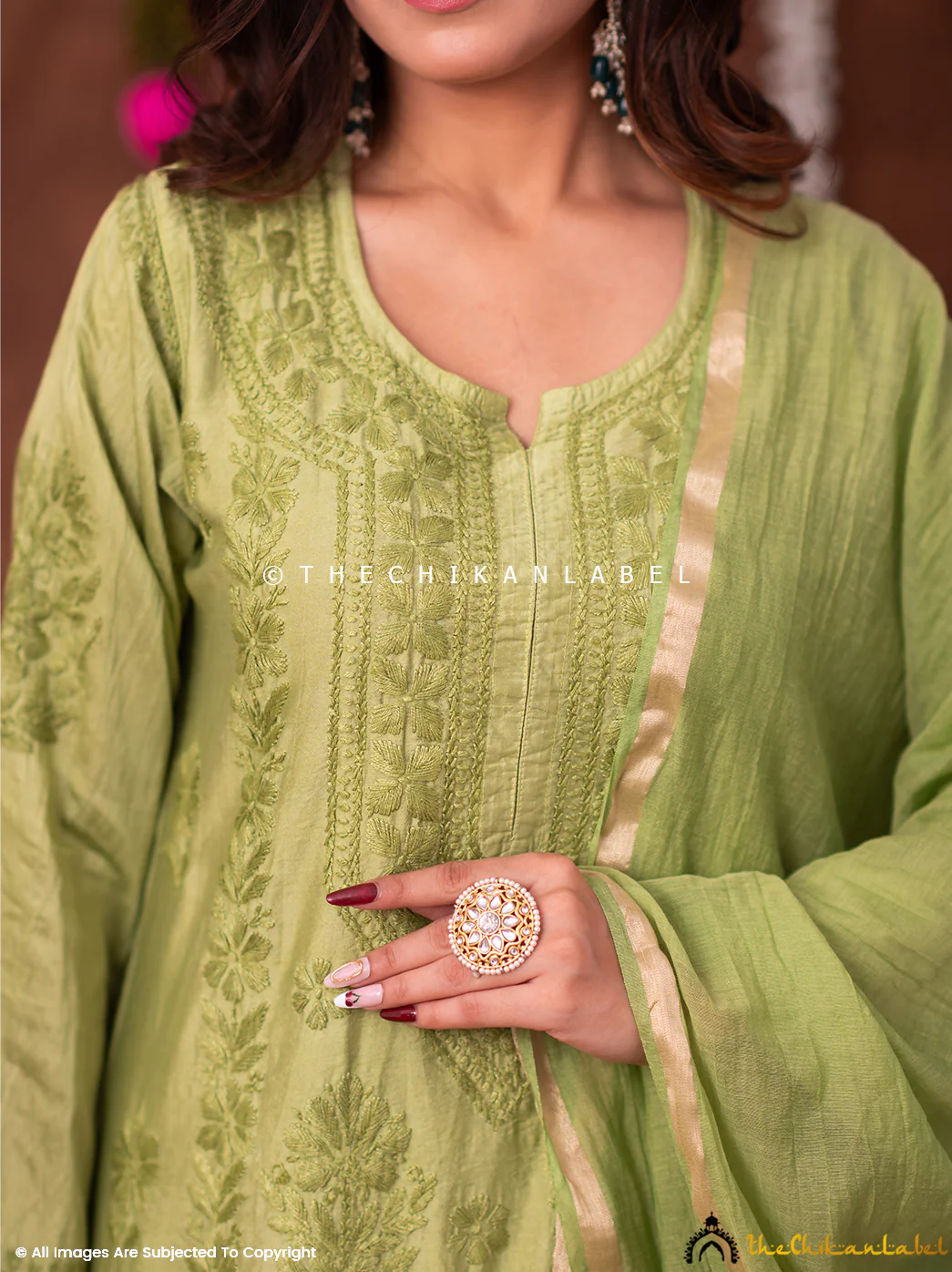 Navika Chanderi Chikankari Kurta Set with Dupatta - Green - Image 6