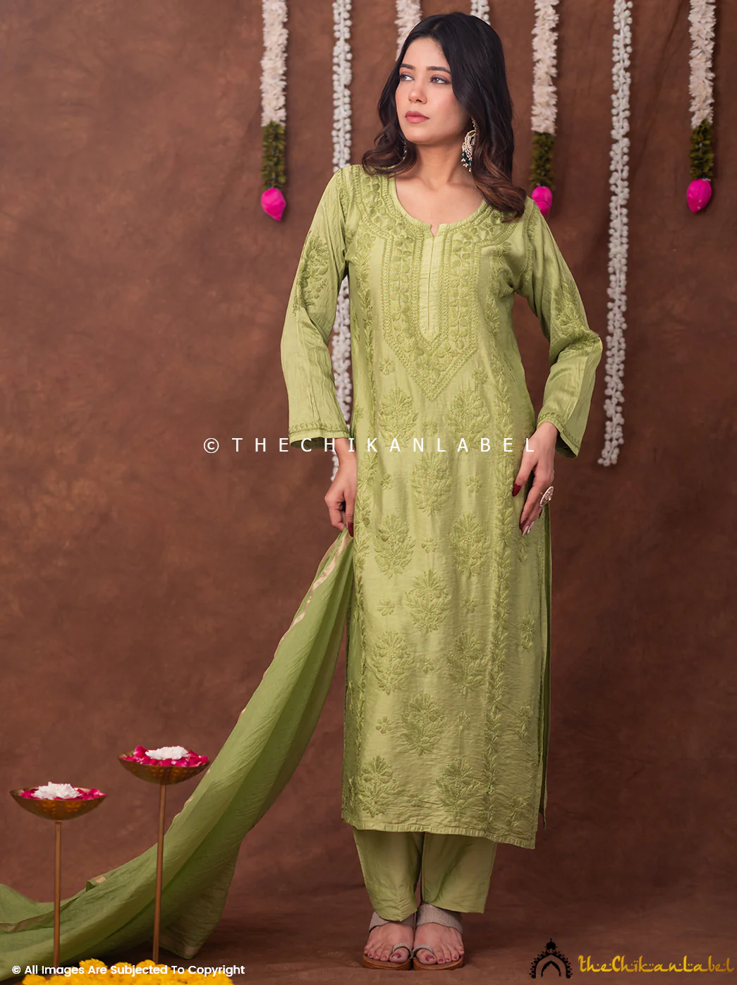 Navika Chanderi Chikankari Kurta Set with Dupatta - Green - Image 7