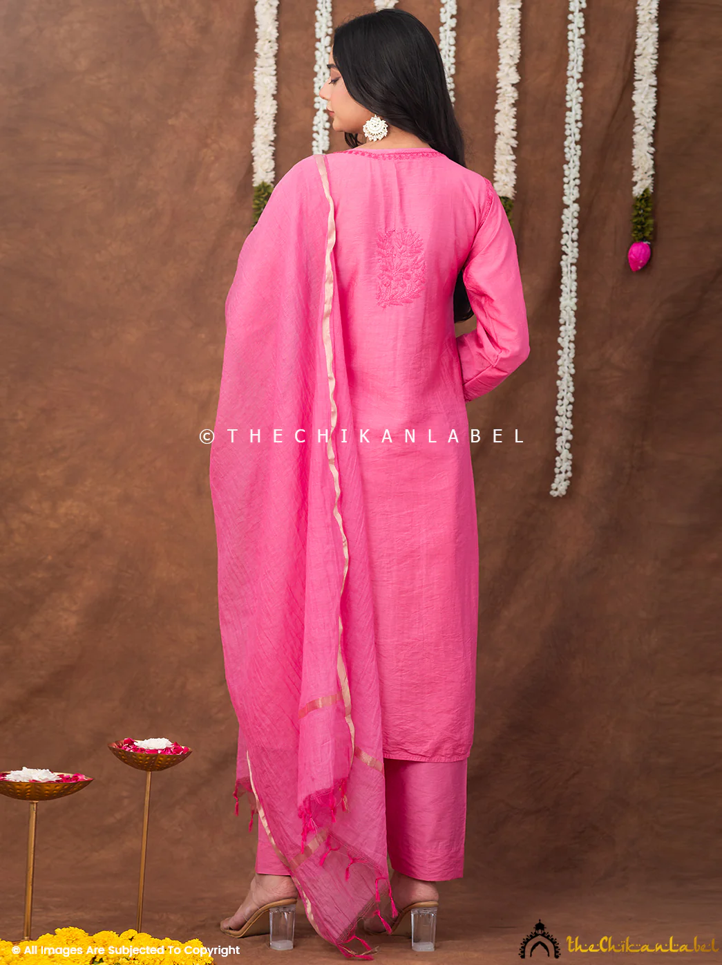 Navika Chanderi Chikankari Kurta Set with Dupatta - Pink - Image 3