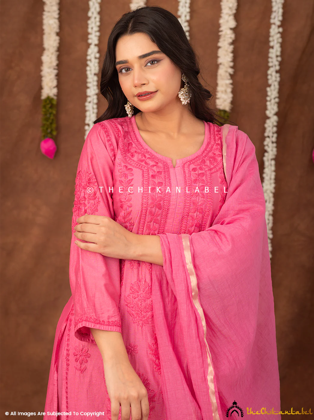 Navika Chanderi Chikankari Kurta Set with Dupatta - Pink - Image 4